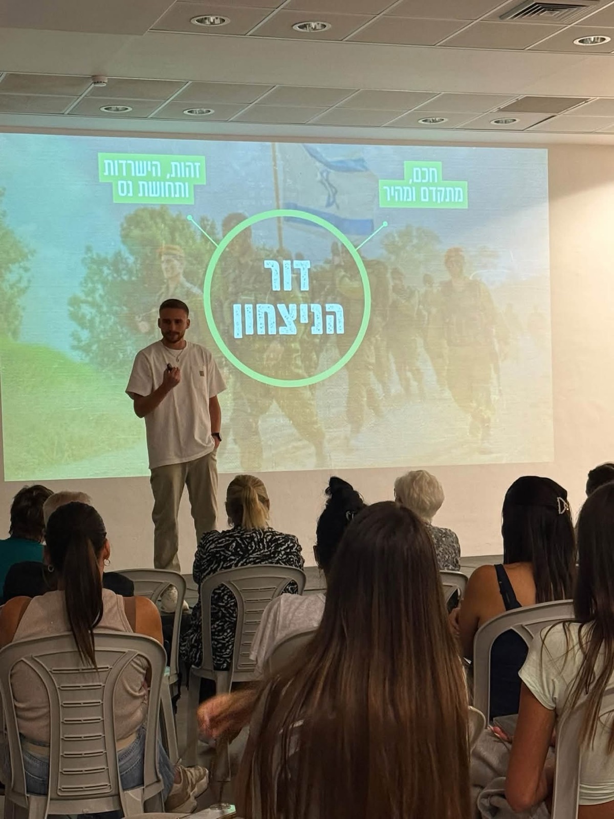 עידו זאבי בחולצה לבנה מרצה מול נוער, מאחוריו שקופית 'דור הניצחון'
